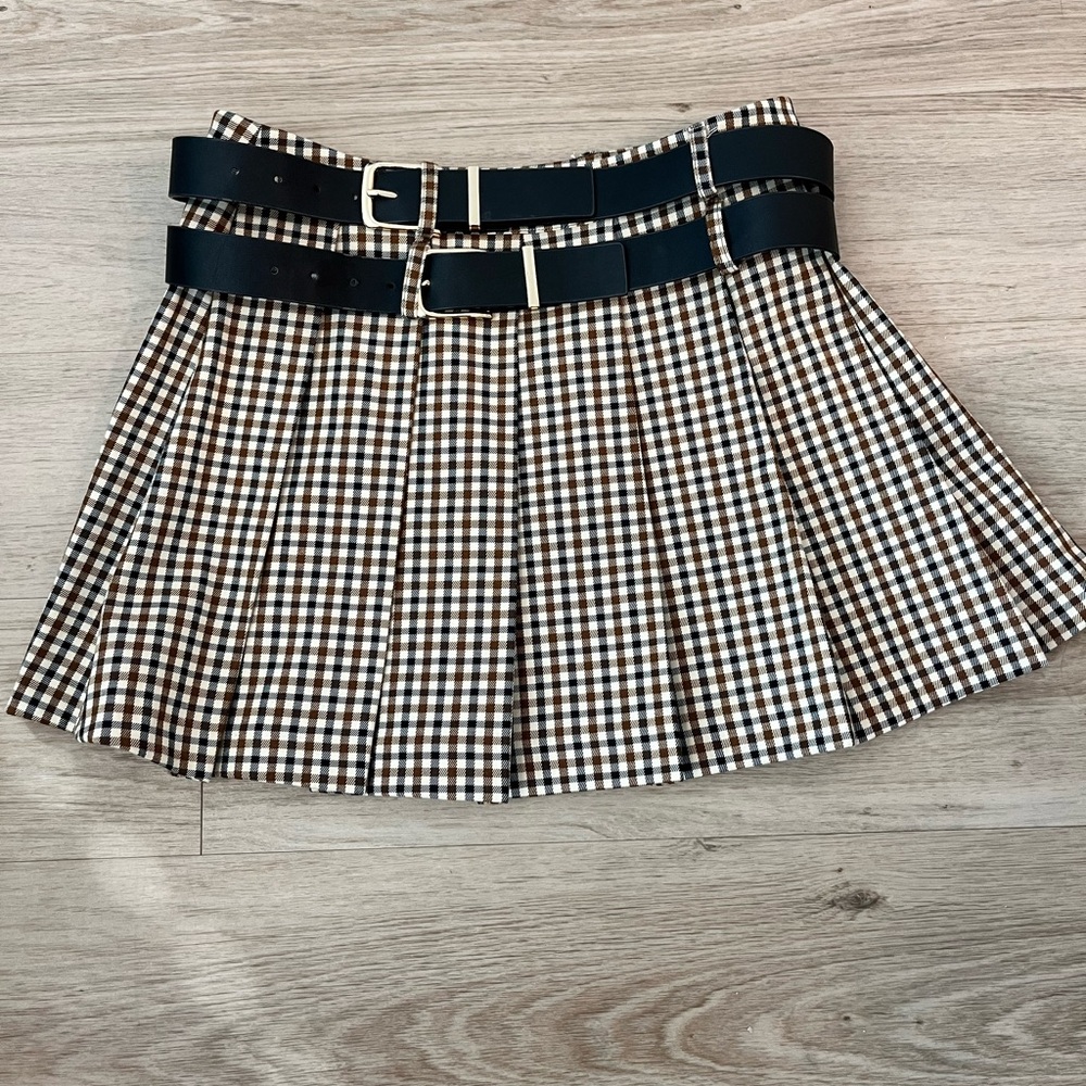 Brown, black, and cream checkered mini skirt